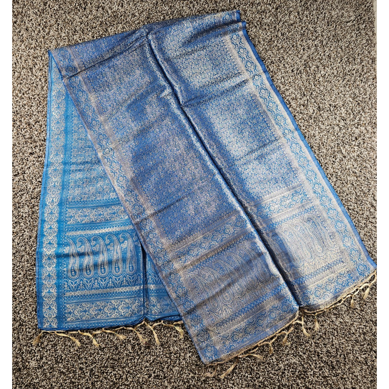 Vintage Kaajal Indian Woven 100 Pure Silk Shawl Blue Gold W Fringe